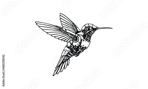 Intricate mechanical hummingbird design with geometric patterns. Vector retro hand drawn illustration