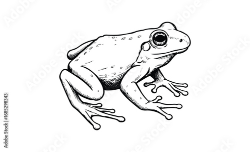 Detailed black and white sketch of a tree frog in a natural pose. Vector retro hand drawn illustration
