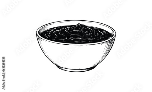 Black and white sketch of a bowl filled with creamy mashed potatoes. Vector retro hand drawn illustration