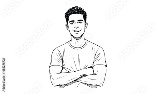 Illustration of a young caucasian male with short hair and folded arms. Vector retro hand drawn illustration