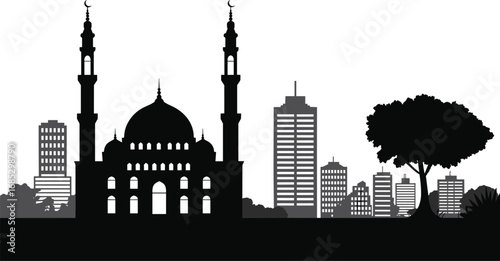 Cityscape silhouette with mosque, urban skyline illustration, cultural architecture contrast, black and white vector, modern buildings and tree, heritage meets development, skyline icon