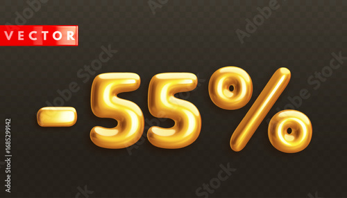 Minus 55%. Metallic fifty five percent. Golden 3d off discount numbers with percentage in realistic style on black background. Glossy decoration element for promotion sale banner. Vector illustration