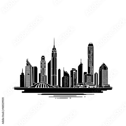 A vibrant vector silhouette of a modern city skyline with towering skyscrapers against the urban night sky