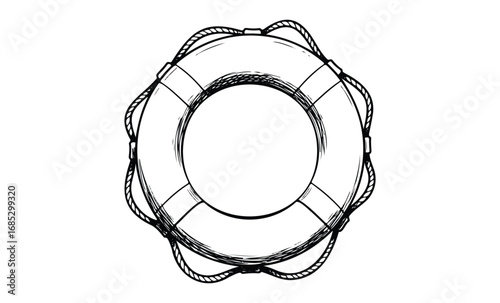 Monochrome nautical lifebuoy with rope in simple hand-drawn illustration. Vector retro hand drawn illustration