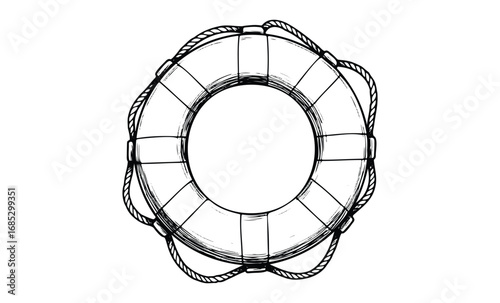 Hand-drawn lifebuoy illustration with nautical rope design. Vector retro hand drawn illustration