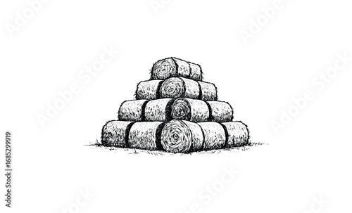 Pyramid of hay bales stacked in rustic countryside setting. Vector retro hand drawn illustration