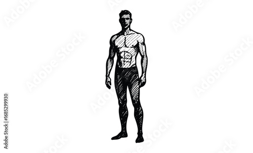 Sketch of young adult caucasian male with muscular physique in standing pose. Vector retro hand drawn illustration