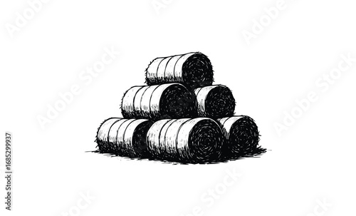 Illustration of stacked hay bales in black and white. Vector retro hand drawn illustration