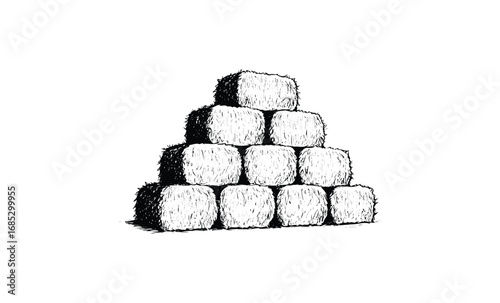 Pyramid of nine stacked hay bales. Vector retro hand drawn illustration
