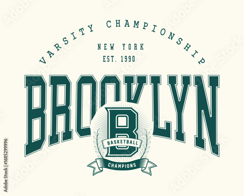 Vintage basketball graphics artwork. Brooklyn varsity championship text print tee t-shirt vector design