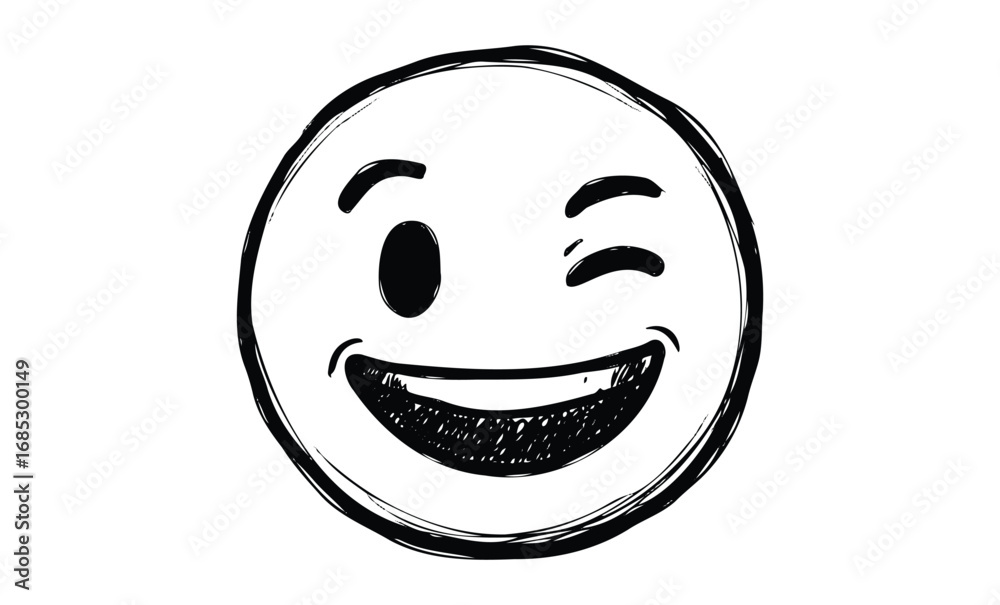 Fototapeta premium Playful hand-drawn smiley face winking with cheerful expression in black and white. Vector retro hand drawn illustration