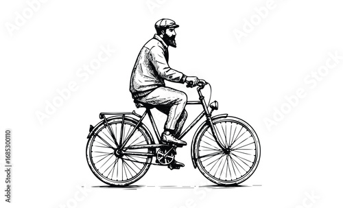 Male cyclist on vintage bicycle in sketch style. Vector retro hand drawn illustration