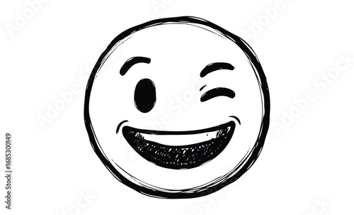 Playful hand-drawn smiley face winking with cheerful expression in black and white. Vector retro hand drawn illustration