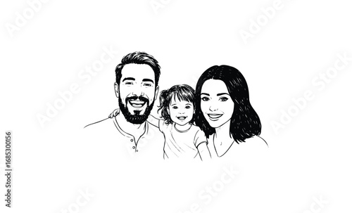 Happy caucasian family portrait with parents and child smiling together. Vector retro hand drawn illustration