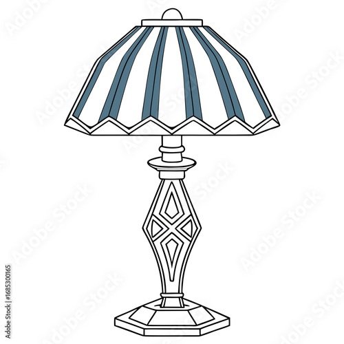 Antique Lamp Illustration: A detailed illustration of an antique lamp, its classic design and striped shade evoking a sense of timeless elegance, perfect for adding a touch of vintage charm.