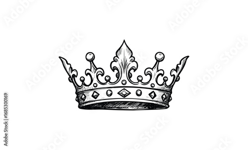 Ornate vintage crown illustration with gemstone details. Vector retro hand drawn illustration
