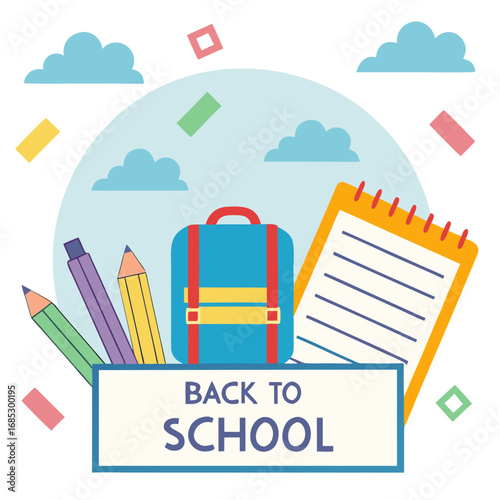 Back to School Essentials: A colorful illustration of essential school supplies, including a backpack, pencils, and notepad, ready to greet eager students for a new academic year.
