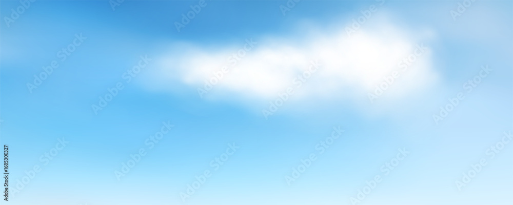 Fototapeta premium Realistic white fluffy cloud textures on light blue sky background. Heaven landscape for summer banner, card, cover, poster. Concept cloudscape. Natural overlay effect. Vector illustration