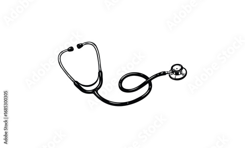 Black and white stethoscope on white background for medical use. Vector retro hand drawn illustration