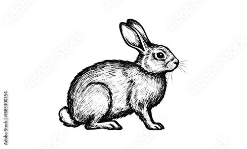 Detailed ink illustration of rabbit in profile view with textured fur and distinct features. Vector retro hand drawn illustration