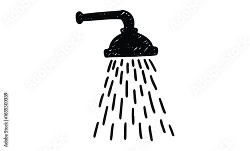 Black ink shower head illustration with water spraying downward. Vector retro hand drawn illustration