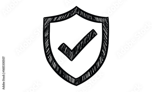 Shield with checkmark symbolizing security and approval. Vector retro hand drawn illustration