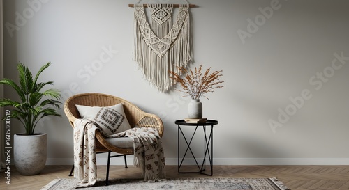 Bohemian Interior Design with Wicker Chair, Macrame Wall Hanging and Decorative Elements