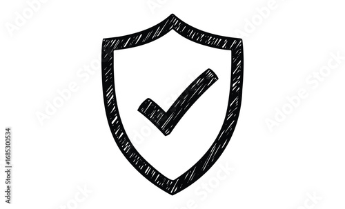 Black hand-drawn shield with check mark symbol. Vector retro hand drawn illustration