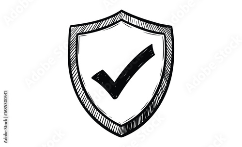 Hand-drawn shield with check mark symbolizing security and approval. Vector retro hand drawn illustration