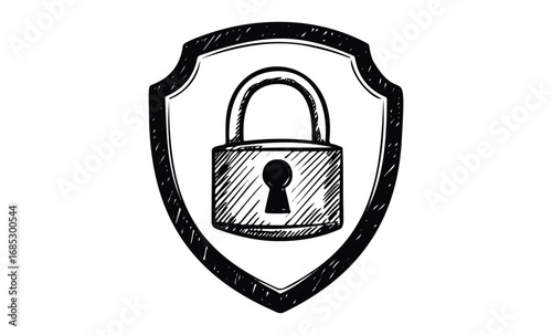 Padlock icon on shield symbolizing security and protection concept. Vector retro hand drawn illustration