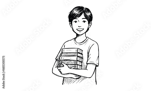 Young asian male teen holding books with a smile in black and white drawing. Vector retro hand drawn illustration