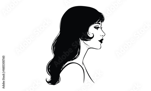Black and white silhouette of young caucasian female with long hair. Vector retro hand drawn illustration