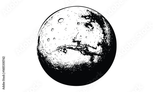 Detailed black and white sketch of the moon with craters and shadow. Vector retro hand drawn illustration
