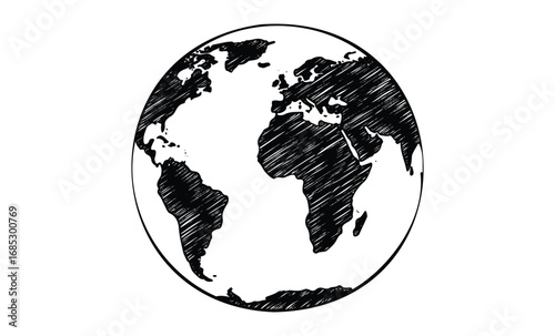 Hand-drawn black and white globe sketch featuring continents. Vector retro hand drawn illustration