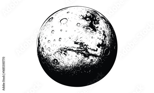 Monochrome planet illustration with craters and texture in black and white. Vector retro hand drawn illustration