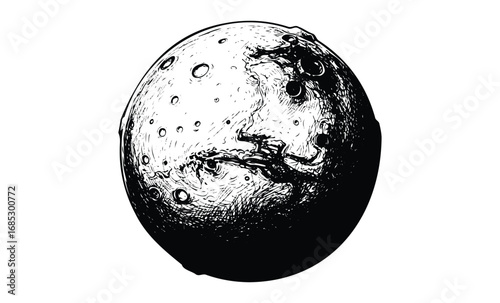 Intricate black and white etching of the moon with craters and shadows. Vector retro hand drawn illustration