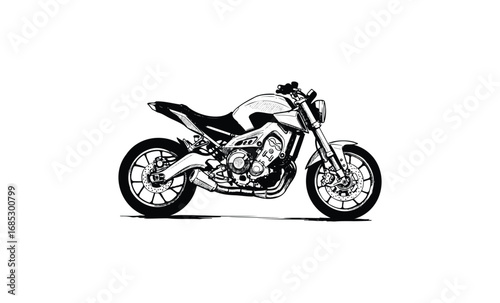 Black and white modern motorcycle sketch design with exposed engine and sporty frame. Vector retro hand drawn illustration