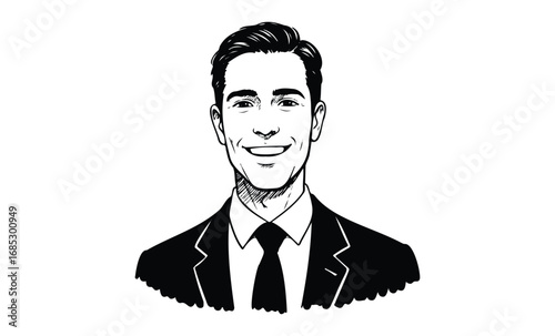 Smiling young caucasian male portrait in black suit and tie drawing artwork. Vector retro hand drawn illustration