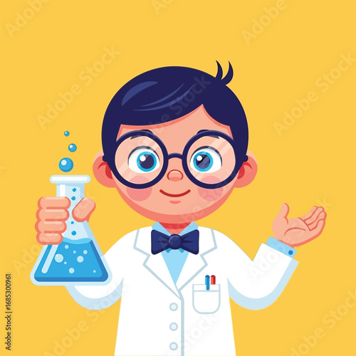 Smiling young boy in lab coat holding beaker with blue liquid in laboratory, showcasing scientific curiosity and exploration.