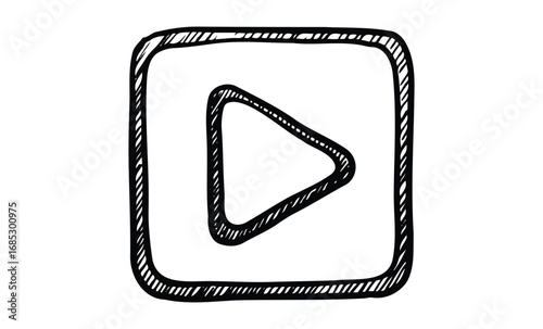 Hand-drawn play button icon in monochrome sketch style. Vector retro hand drawn illustration