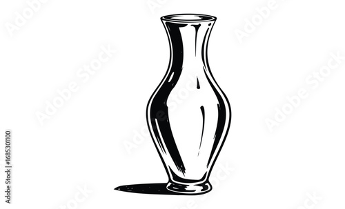 Elegant black and white vase illustration with shadow. Vector retro hand drawn illustration