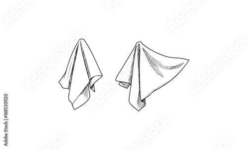 Black and white sketch of two draped fabrics. Vector retro hand drawn illustration