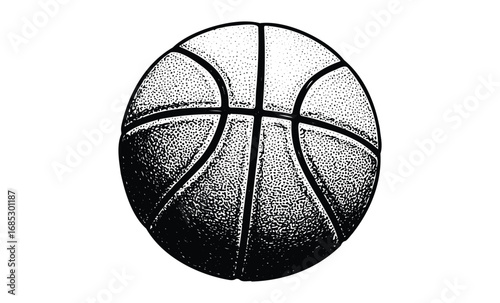 Monochrome retro basketball sketch with detailed texture and lines. Vector retro hand drawn illustration