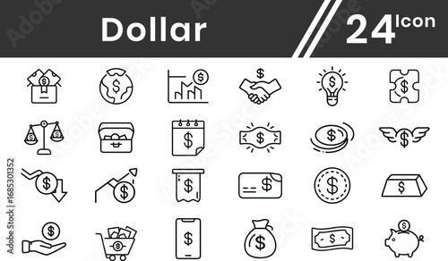 Dollar line icon set for web editable file. Containing money, cash, coin, payment, bank, earnings, income, currency, business, loan and more. Editable line icons. Vector illustration.