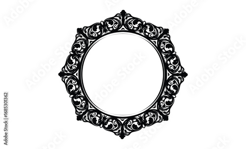 Elegant ornate circular frame with intricate black floral patterns. Vector retro hand drawn illustration