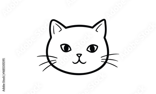 Simple black and white line drawing of a cat face outline. Vector retro hand drawn illustration
