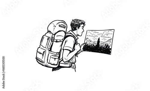 Young caucasian male backpacker exploring city map in black and white sketch. Vector retro hand drawn illustration