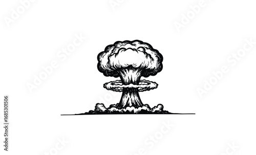 Black and white nuclear explosion illustration with mushroom cloud. Vector retro hand drawn illustration