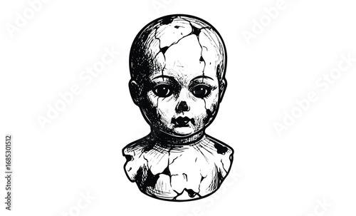 Antique cracked porcelain doll head illustration. Vector retro hand drawn illustration