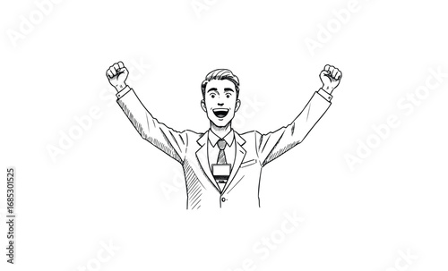 Joyful caucasian male young adult in suit celebrating victory with raised arms. Vector retro hand drawn illustration
